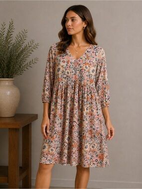 V-Neck Floral Tiered Midi Dress in Blush Floral
